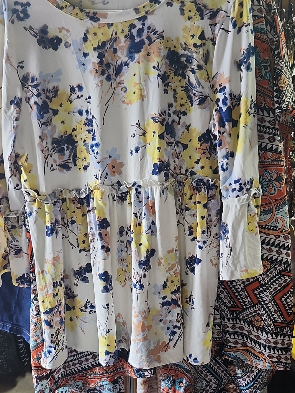 Liberty Love White Floral Peplum Blouse with Yellow, Navy & Peach Accents